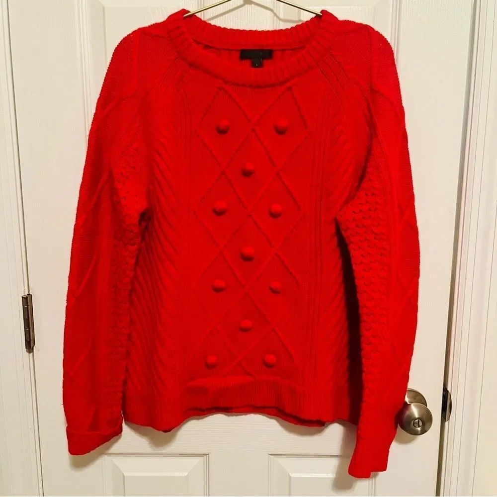 J. Crew Hawthorne Cable Knit Pom-Pom 100% Wool Sweater